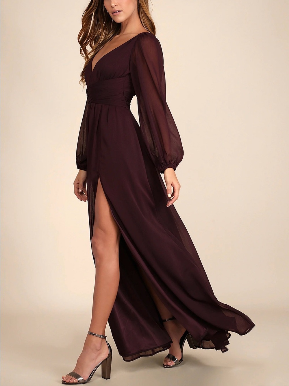 Lulus Enchant My Love Dark Purple V-Neck Long Sleeve Maxi Dress Estimated S/M